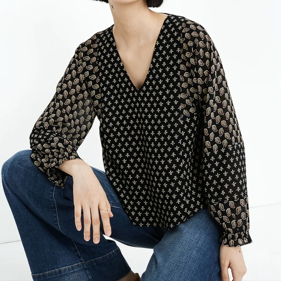 Madewell Brushstroke Sheer Sleeves Paisley Mix Blouse SZ.XS - Picture 1 of 10